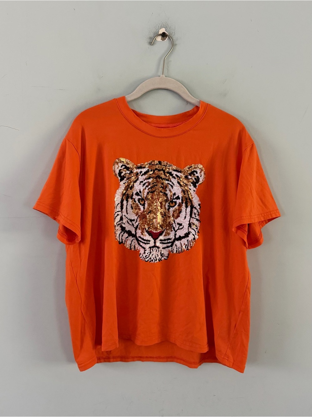 Queen of Sparkles Tiger Sequin Orange Short Sleeve Tee